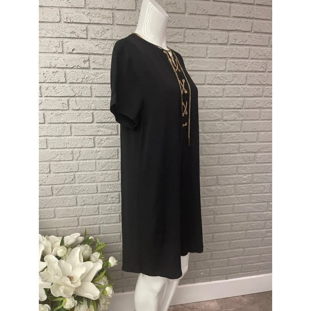 Michael Kors Women High / Low Gold Chain Lace - Up Shift Dress Size M